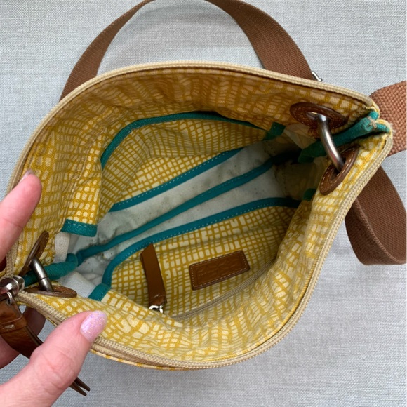 FOSSIL Oilcloth Crossbody Bag Purse Flower Blue Brown Tan Yellow Zipper Top - Picture 6 of 10